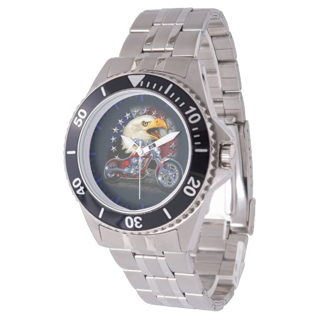 Chrome Motorcycle Chopper Patriotic Eagle USA Flag Watch (Angled)