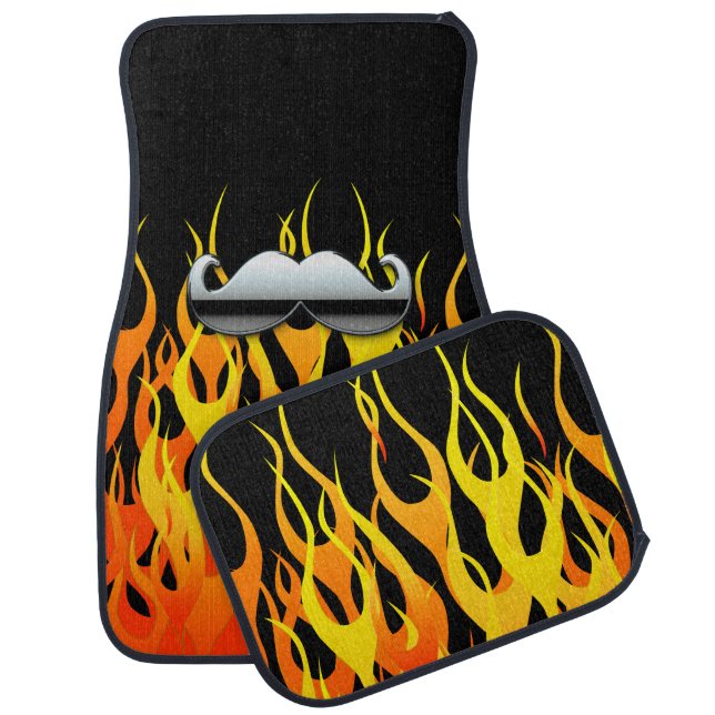 Chrome Mustache on Racing Flames Print Car Floor Mat (Set)