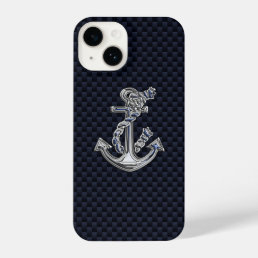 Chrome Nautical Anchor on Carbon Fiber Print iPhone 14 Case