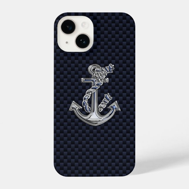 Chrome Nautical Anchor on Carbon Fiber Print iPhone Case (Back)