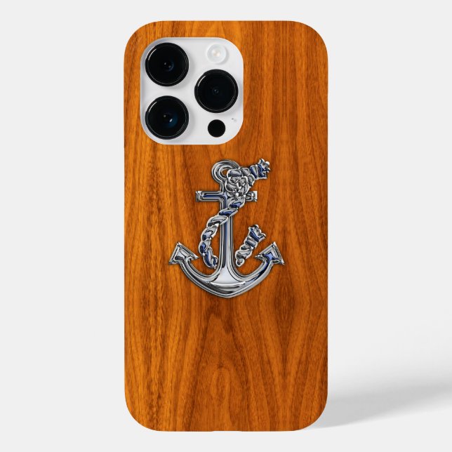 Chrome Nautical Anchor on Teak Wood Case-Mate iPhone Case (Back)