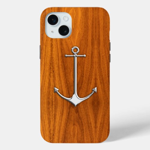 Chrome Nautical Anchor on Teak Wood iPhone 15 Plus Case
