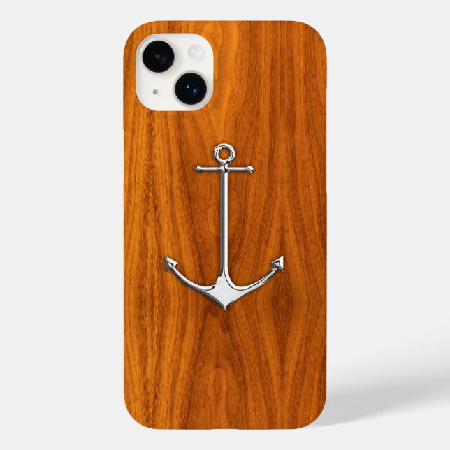 Chrome Nautical Anchor on Teak Wood Print Case-Mate iPhone Case (Back)