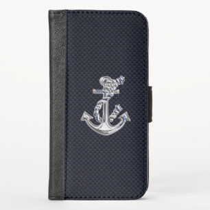 Chrome Nautical Anchor Print on Navy Carbon Fiber iPhone XS Wallet Case