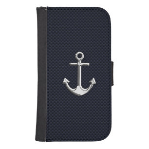 Chrome Nautical Anchor Print on Navy Carbon Fiber Phone Wallet