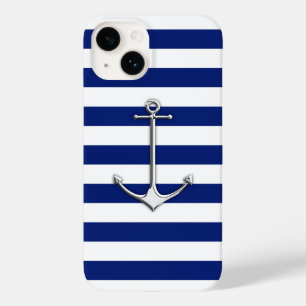 Chrome Nautical Anchor Print on Navy Stripes Case-Mate iPhone 14 Case