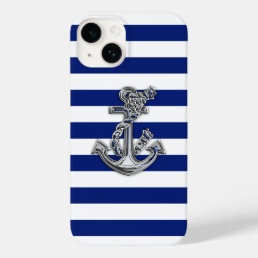 Chrome Nautical Anchor Print on Navy Stripes Case-Mate iPhone 14 Case