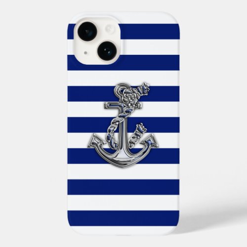 Chrome Nautical Anchor Print on Navy Stripes Case_Mate iPhone 14 Case