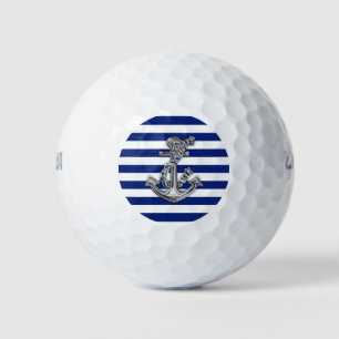 Chrome Nautical Anchor Print on Navy Stripes Golf Balls