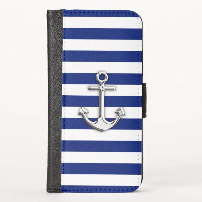 Chrome Nautical Anchor Print on Navy Stripes iPhone Wallet Case (Front)