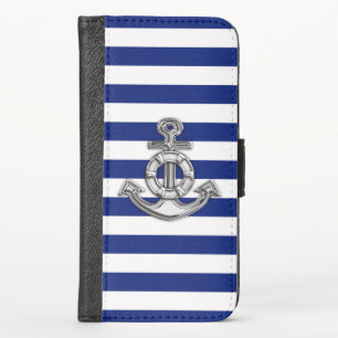 Chrome Nautical Anchor Print on Navy Stripes iPhone X Wallet Case