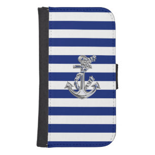 Chrome Nautical Anchor Print on Navy Stripes Galaxy S4 Wallet Case