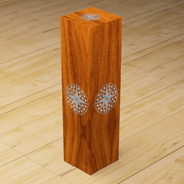 Chrome Nautical Compass on Teak Wood Veneer Print Wine Gift Box (Front)