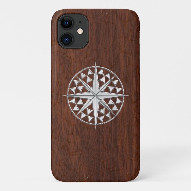 Chrome Nautical Compass on Wet Mahogany Print Case-Mate iPhone Case (Back)