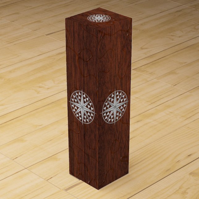 Chrome Nautical Compass on Wet Mahogany Veneer Pri Wine Box (Back)