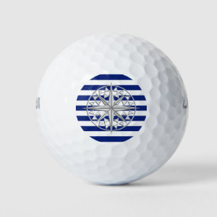 Chrome Nautical Compass Print on Navy Stripes Golf Balls