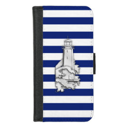 Chrome Nautical Lighthouse Print on Navy Stripes iPhone 8/7 Wallet Case
