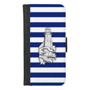 Chrome Nautical Lighthouse Print on Navy Stripes iPhone 8/7 Wallet Case