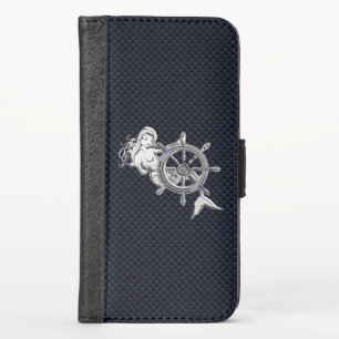Chrome Nautical Mermaid Print on Navy Carbon Fiber iPhone X Wallet Case