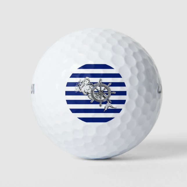 Chrome Nautical Mermaid Print on Navy Stripes Golf Balls (Front)