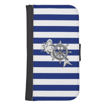 Chrome Nautical Mermaid Print On Navy Stripes Galaxy S4 Wallet Case by CaptainShoppe at Zazzle