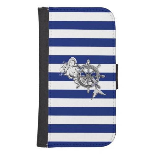 Chrome Nautical Mermaid Print on Navy Stripes Galaxy S4 Wallet Case