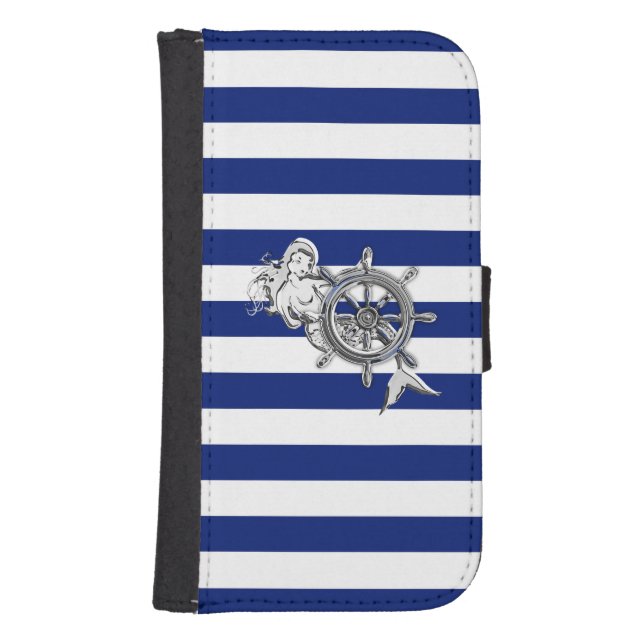 Chrome Nautical Mermaid Print on Navy Stripes Samsung Galaxy Wallet Case (Front)
