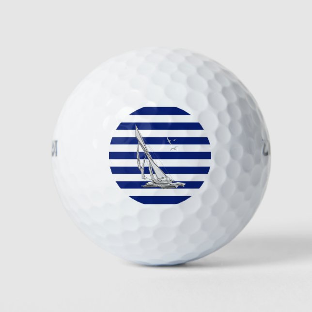 Chrome Nautical Regatta Print on Navy Stripes Golf Balls (Front)