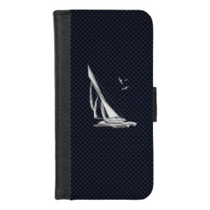 Chrome Nautical Sail Boat Print Navy Carbon Fiber iPhone 8/7 Wallet Case