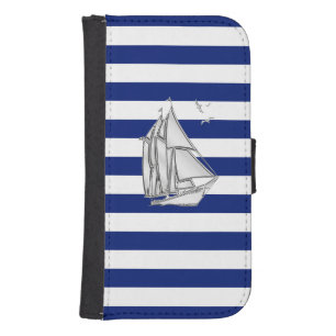 Chrome Nautical Sail Boat Print on Navy Stripes Galaxy S4 Wallet Case