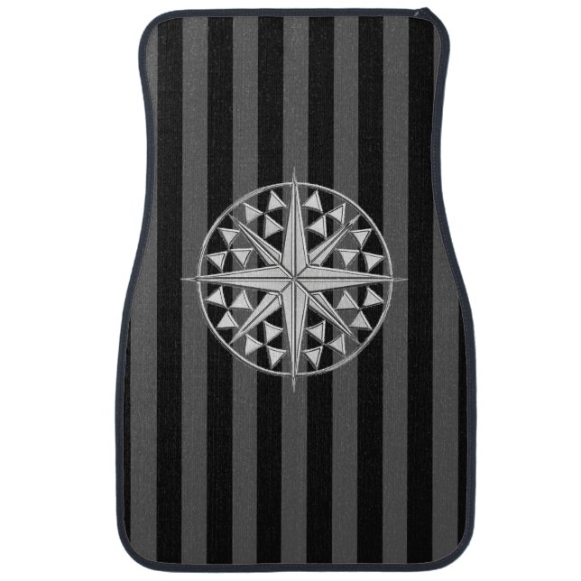 Chrome Nautical Star on Black Stripes Print Car Mat (Front)