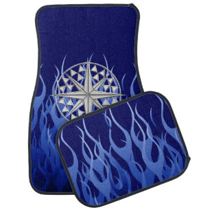 Chrome Nautical Star on Blue Flames Print Car Floor Mat