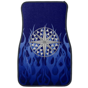 Chrome Nautical Star on Blue Flames Print Car Mat