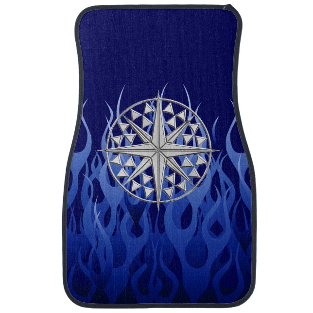 Chrome Nautical Star on Blue Flames Print Car Mat (Front)