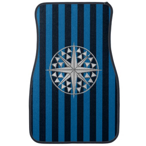 Chrome Nautical Star on Blue Stripes Print Car Mat