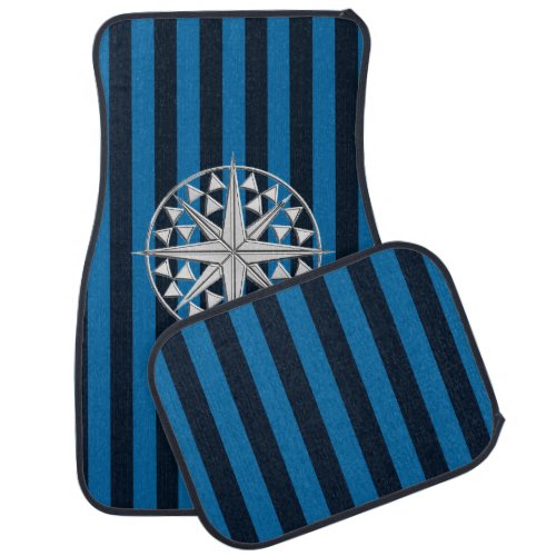 Chrome Nautical Star on Blue Stripes Print Car Mat