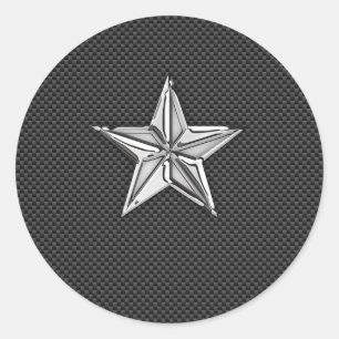 Chrome Nautical Star on Carbon Fiber Classic Round Sticker