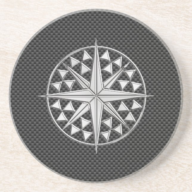 Chrome Nautical Star on Carbon Fiber Drink Coaster (Front)