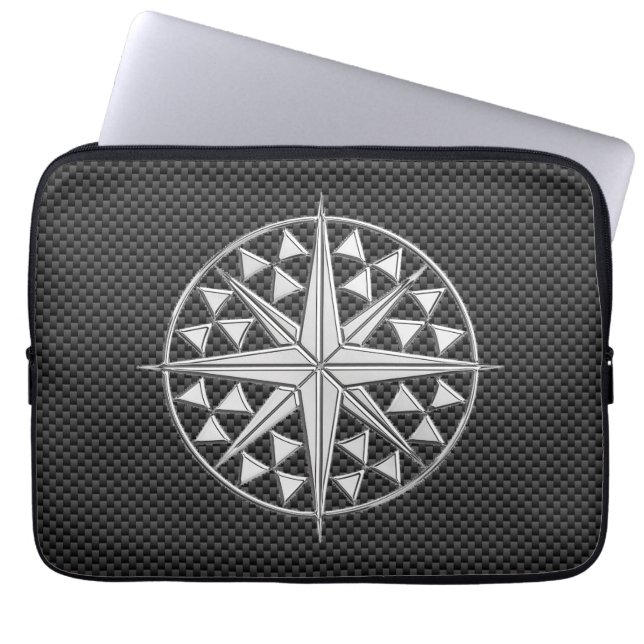 Chrome Nautical Star on Carbon Fiber Laptop Sleeve (Front)