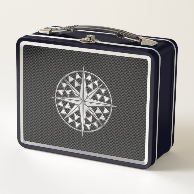 Chrome Nautical Star on Carbon Fiber Metal Lunch Box (Front)