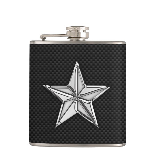 Chrome Nautical Star on Carbon Fiber Print Hip Flask (Front)