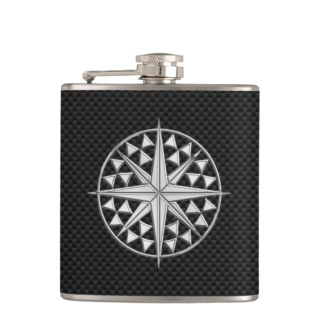 Chrome Nautical Star on Carbon Fiber Print Hip Flask (Front)