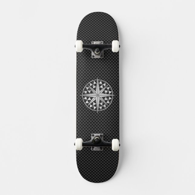 Chrome Nautical Star on Carbon Fiber Skateboard Deck (Front)