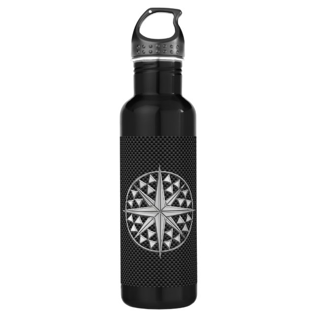 Chrome Nautical Star on Carbon Fiber Stainless Steel Water Bottle (Front)