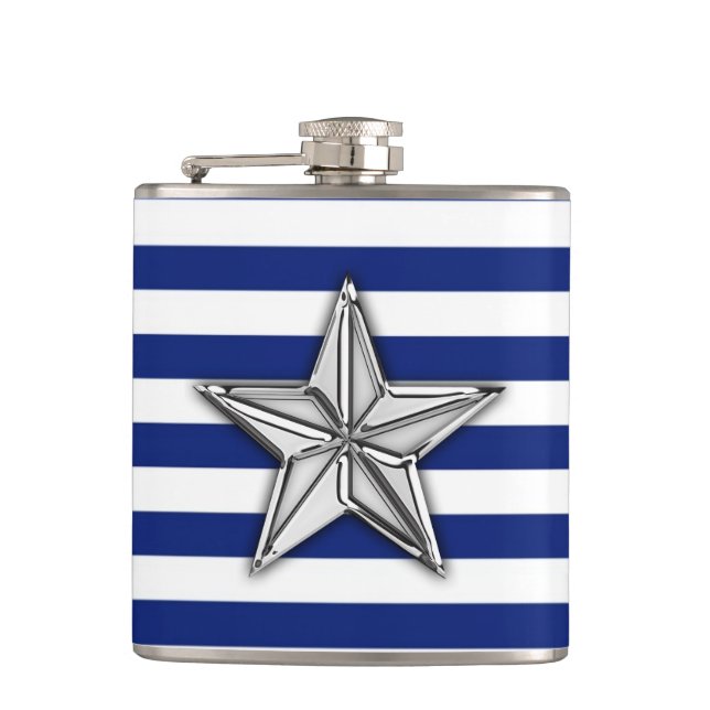 Chrome Nautical Star on Navy Stripes Flask (Front)