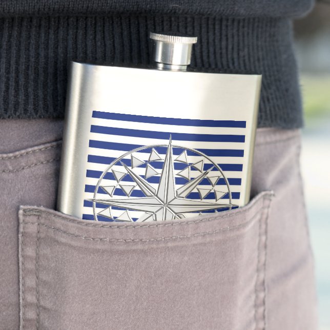 Chrome Nautical Star on Navy Stripes Print Flask (In Situ)