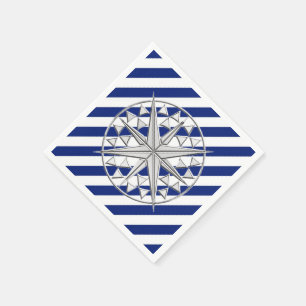 Chrome Nautical Star on Navy Stripes Print Paper Napkins