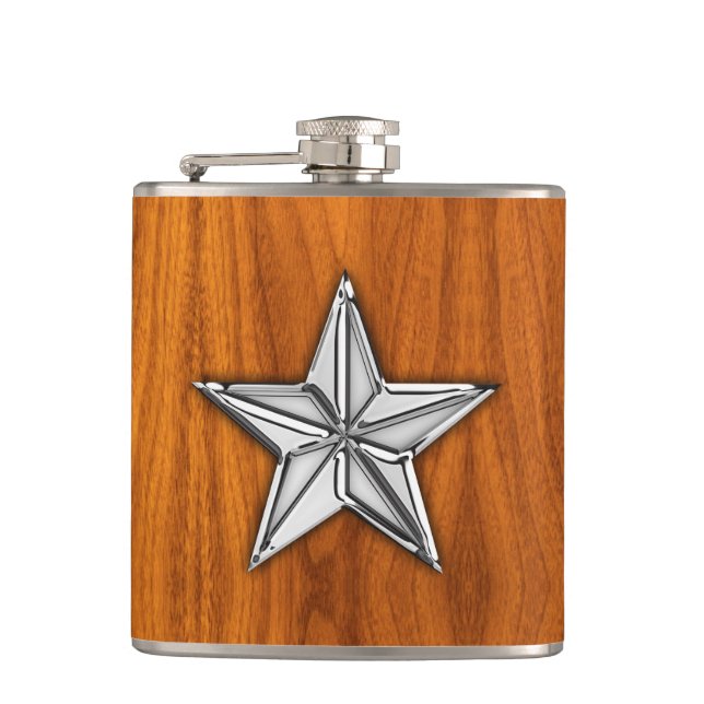 Chrome Nautical Star on Teak Print Flask (Front)