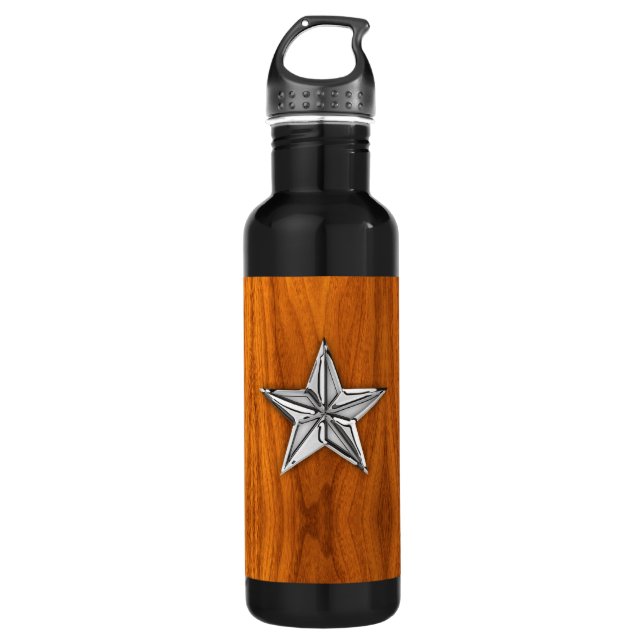 Chrome Nautical Star on Teak Veneer Stainless Steel Water Bottle (Front)