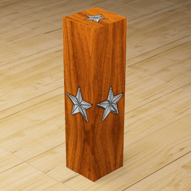 Chrome Nautical Star on Teak Wood Veneer Print Wine Gift Box (Front)